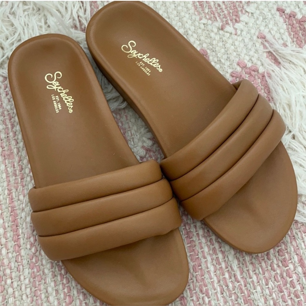 Seychelles Low Key Slide Puff Sandals Tan Leather sz 8